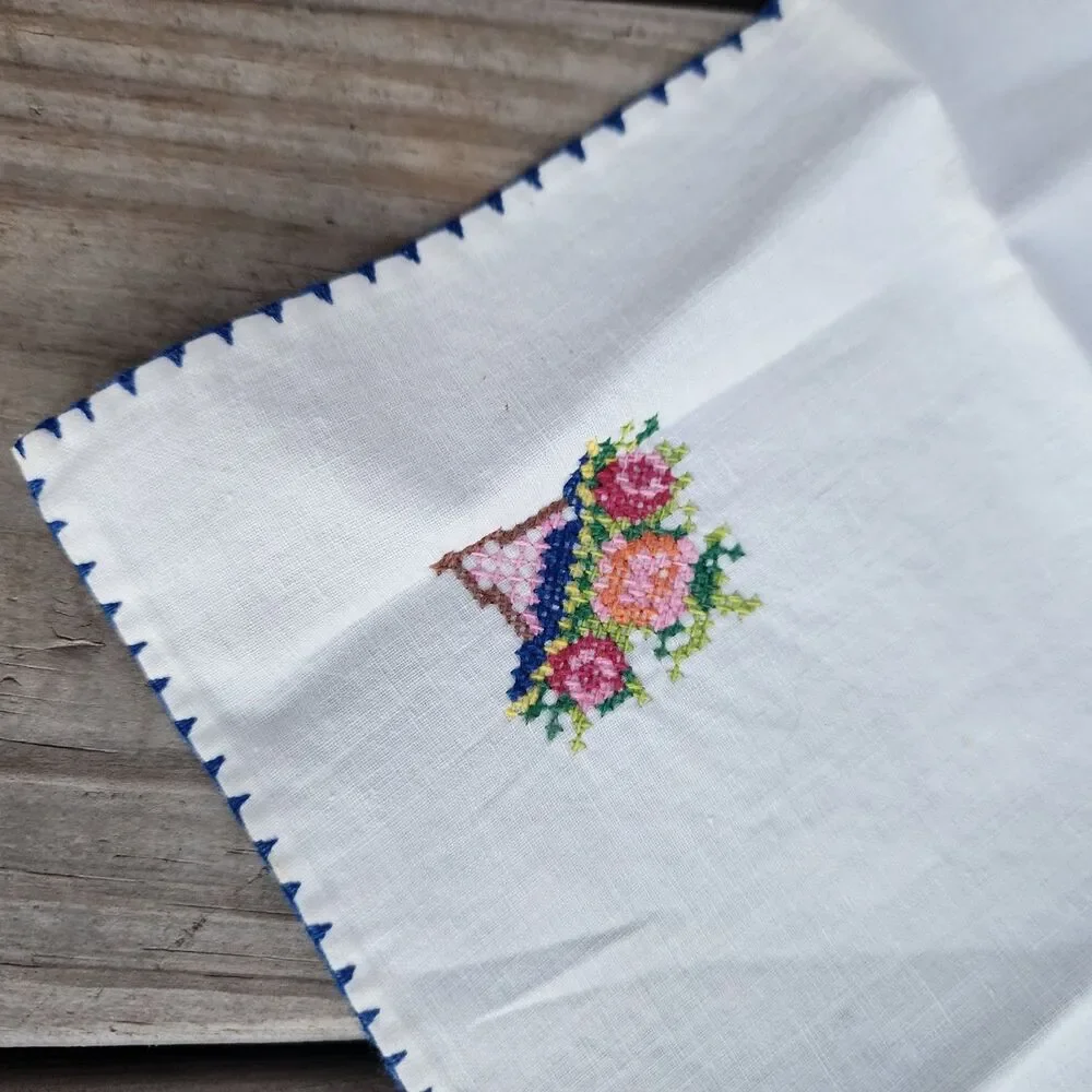 2 Vintage Cotton Handkerchief Hankie Embroidered Cross Stitch w/Flower Bouquet